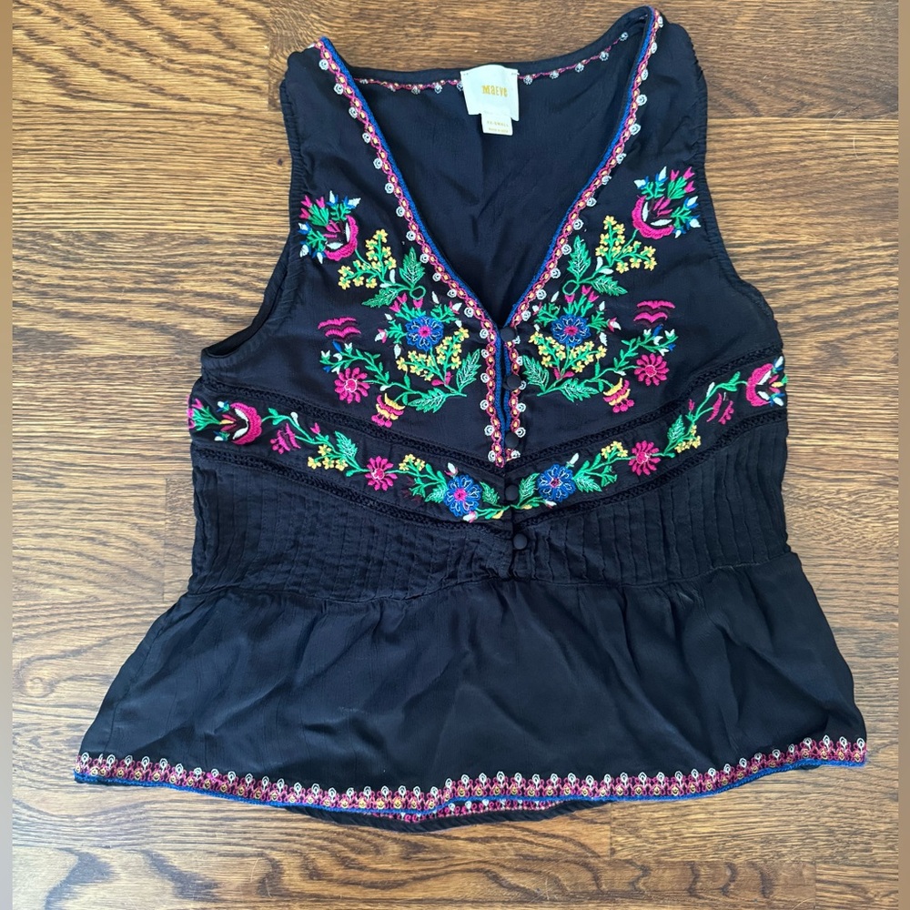 Maeve Black Top with Colorful Embroidery